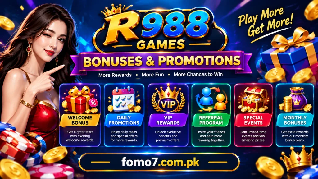 R988 Game bonuses and promotions featuring welcome rewards, VIP offers, and referral bonuses.