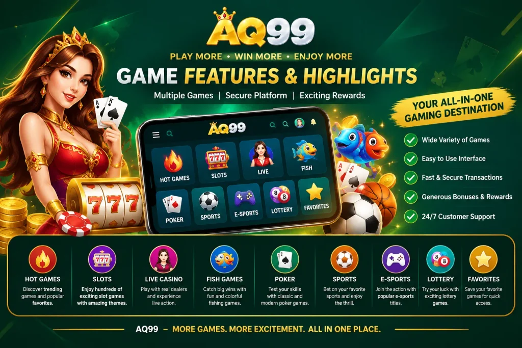 AQ99 Game features including mobile access, registration, secure login, VIP rewards, referral program, and daily bonuses.