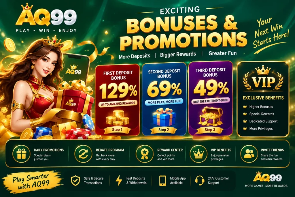 AQ99 Game bonuses and promotions including welcome bonuses, deposit rewards, daily rewards, VIP benefits, and referral offers.