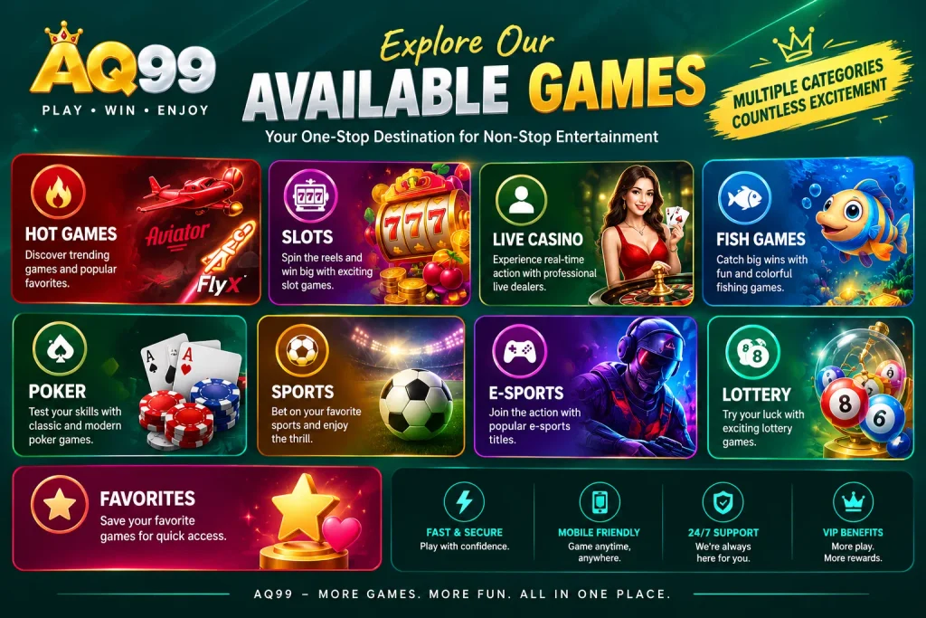 AQ99 available games including slot games, live casino, sports, fishing, card games, and mini games.