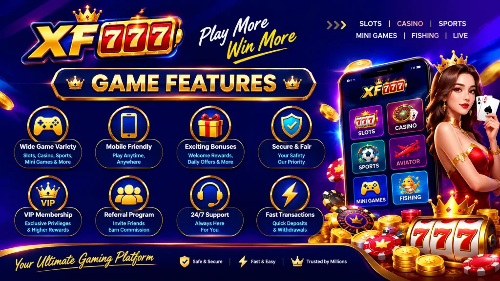 Key XF777 Game features including mobile gaming, account access, promotions, VIP options, and support.