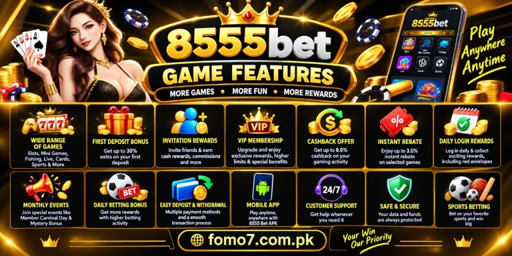 8555 Bet game features and mobile gaming options