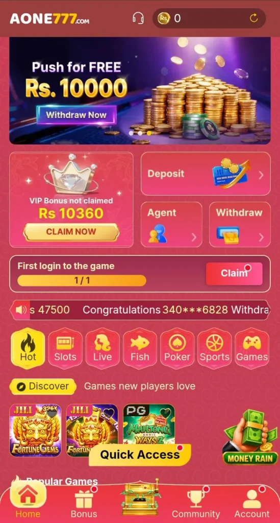 AONE777 Game interface and mobile gaming dashboard
