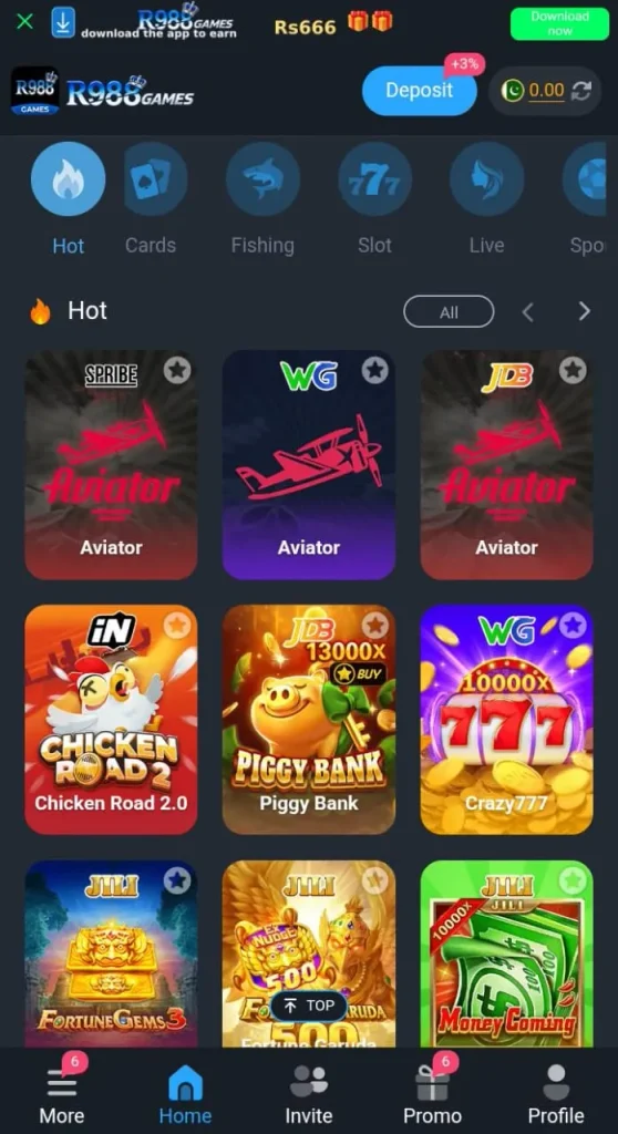 R988 Game mobile interface with casino categories and gaming options.