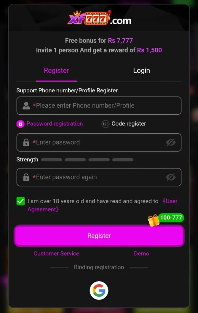 XF777 Game sign-up page showing the account creation process for new users.
