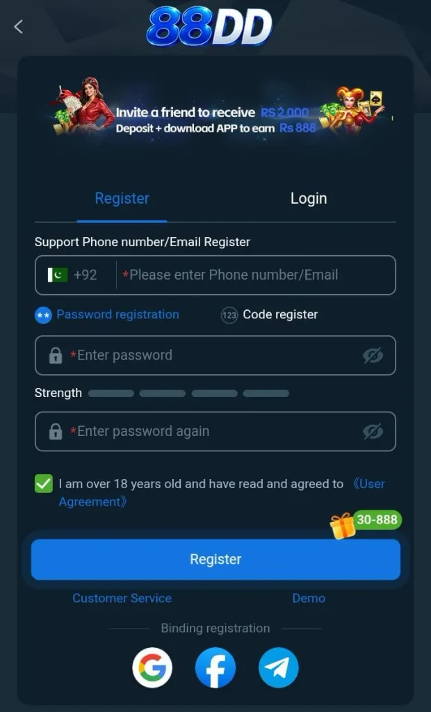 88DD Game registration page showing the account creation process for new users.