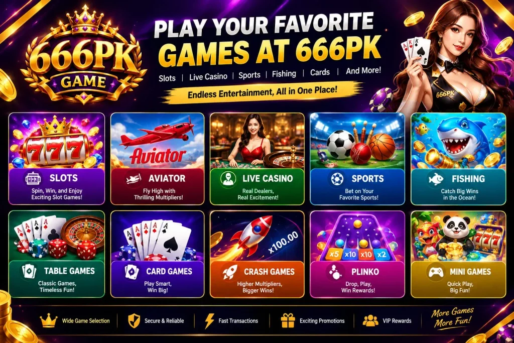 666PK Game collection with slots, live games, sports, fishing, card games, and mini-game options.