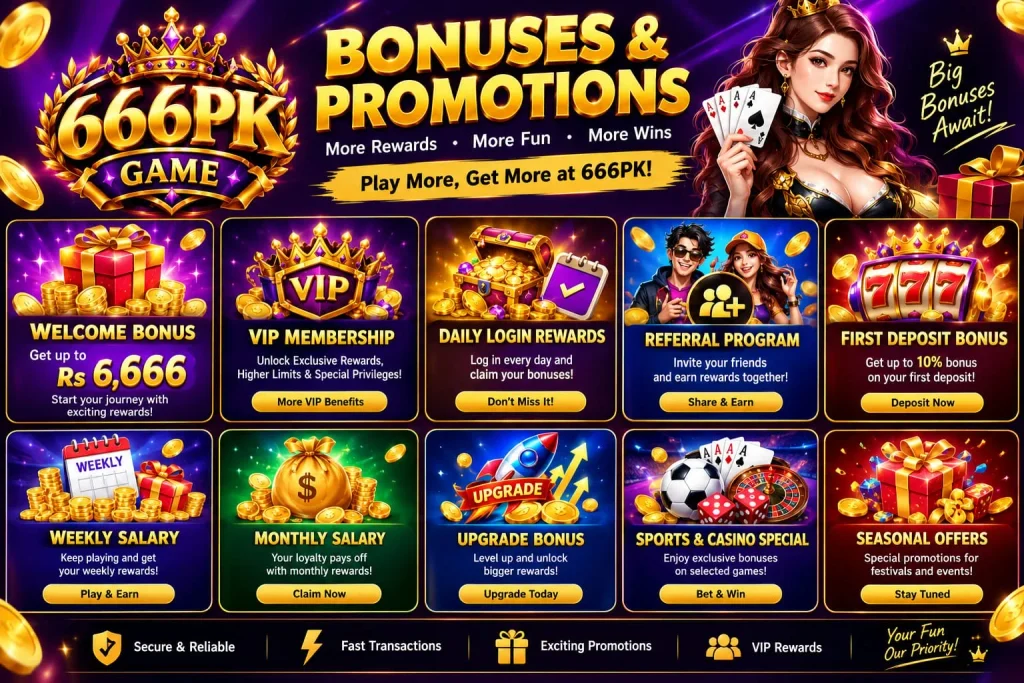 666PK Game promotional section featuring welcome offers, deposit rewards, VIP benefits, and referral incentives.