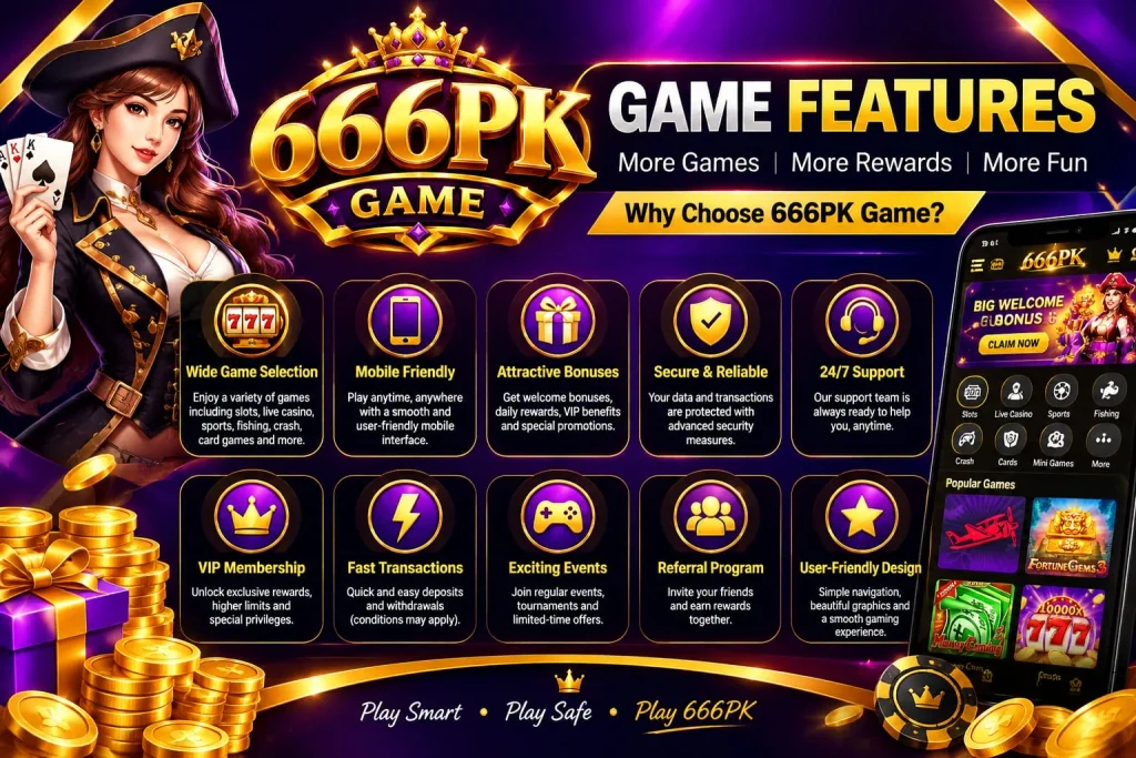 666PK Game highlights including mobile access, account tools, rewards, promotions, VIP options, and customer support.