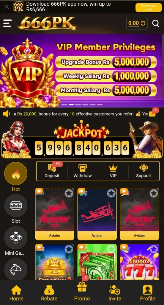 666PK Game mobile interface showing the home screen, menu, and different gaming sections.