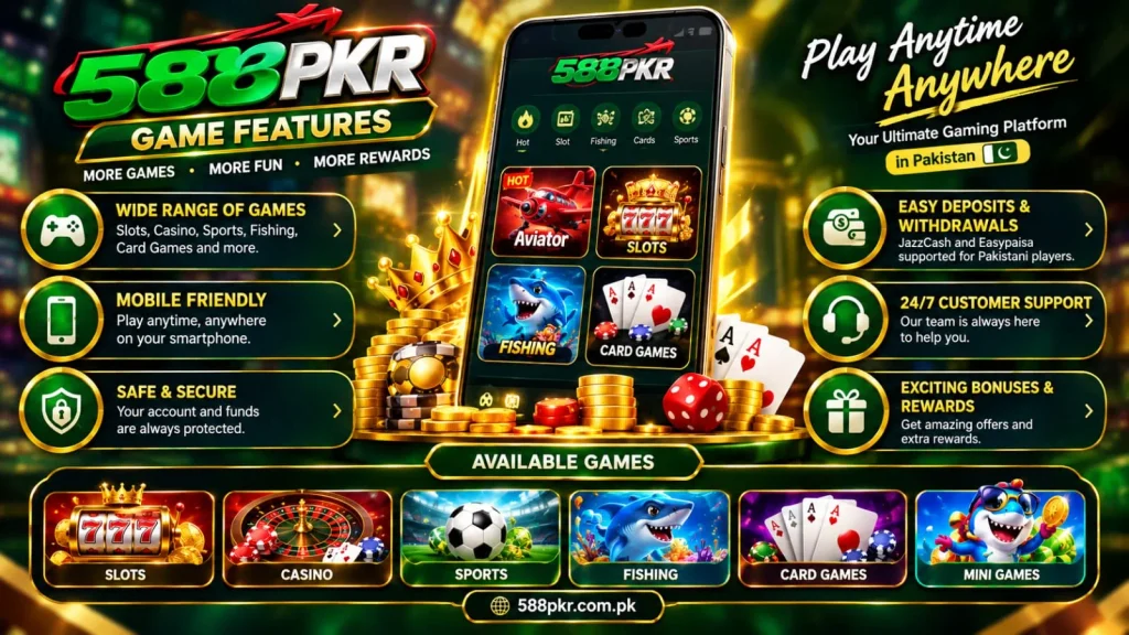 588PKR Game features including account access, promotions, and mobile gaming options.
