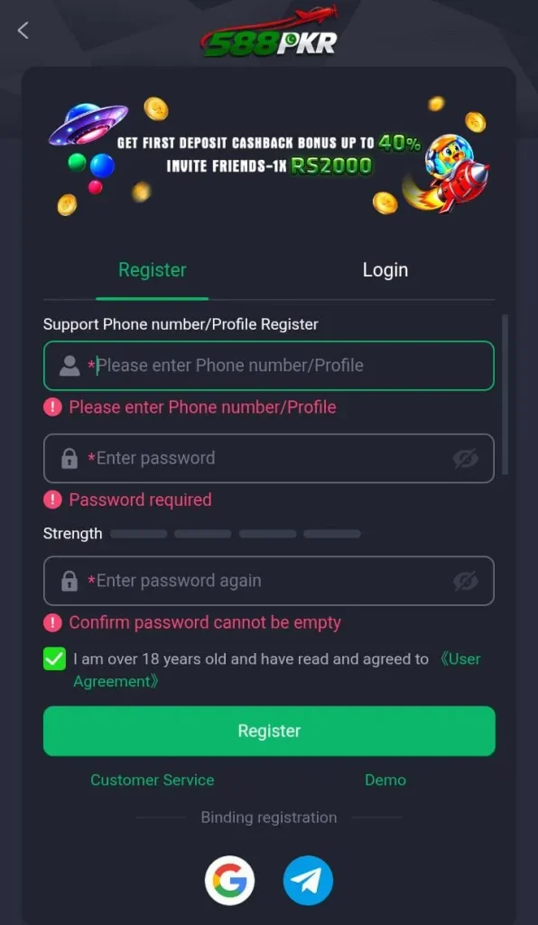 588PKR Game registration page showing account sign-up fields and verification options.