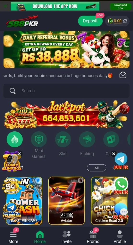 588PKR Game interface showing the main menu and mobile navigation.