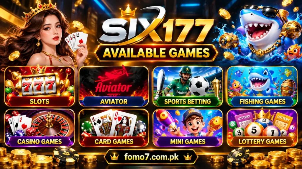 Six177 Game categories featuring slots, live casino, sports, table games, fishing, and mini-games.