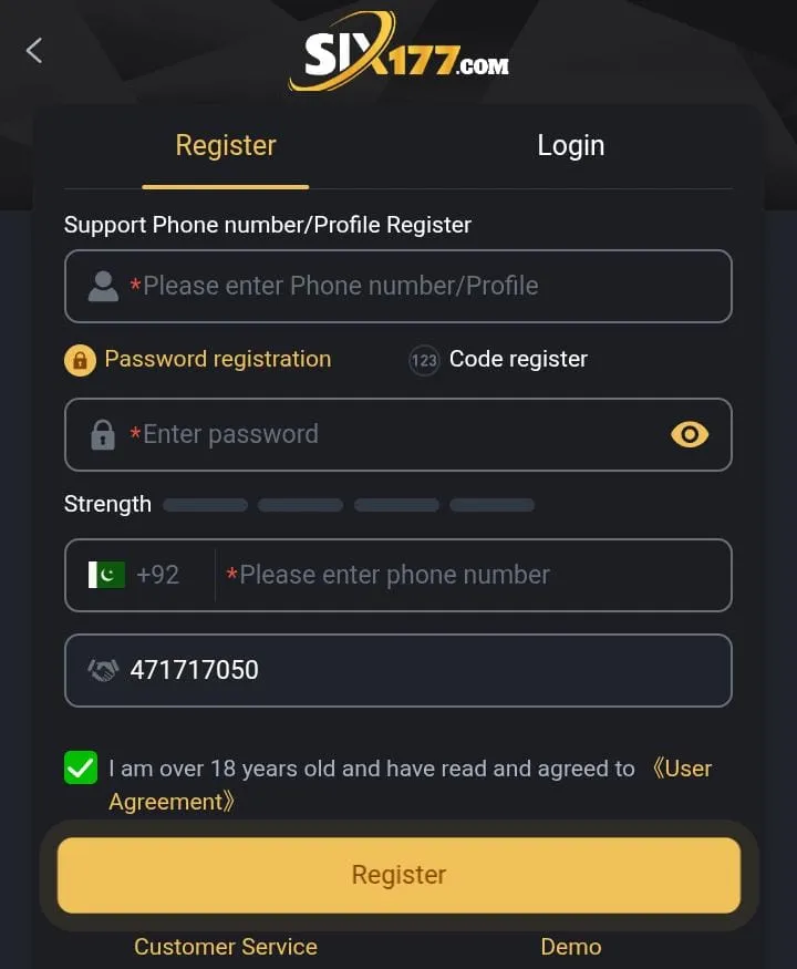 Six177 Game account creation screen showing sign-up fields and mobile verification options.
