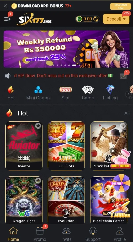 Six177 Game home screen featuring the main menu and mobile navigation.