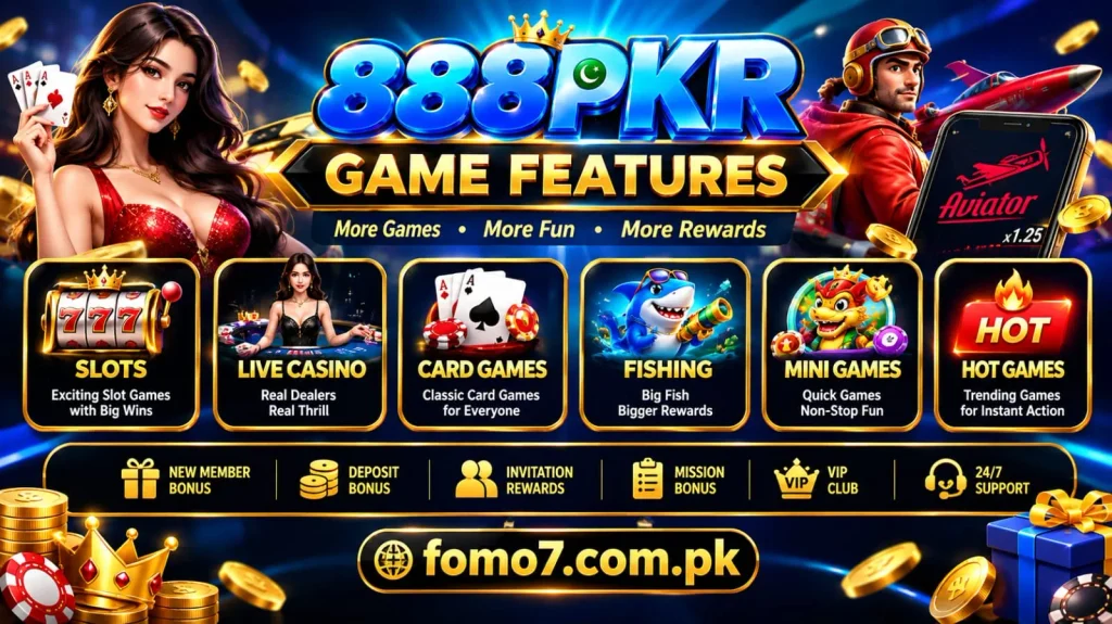 888PKR Game features showing account access, rewards, and mobile gaming options.