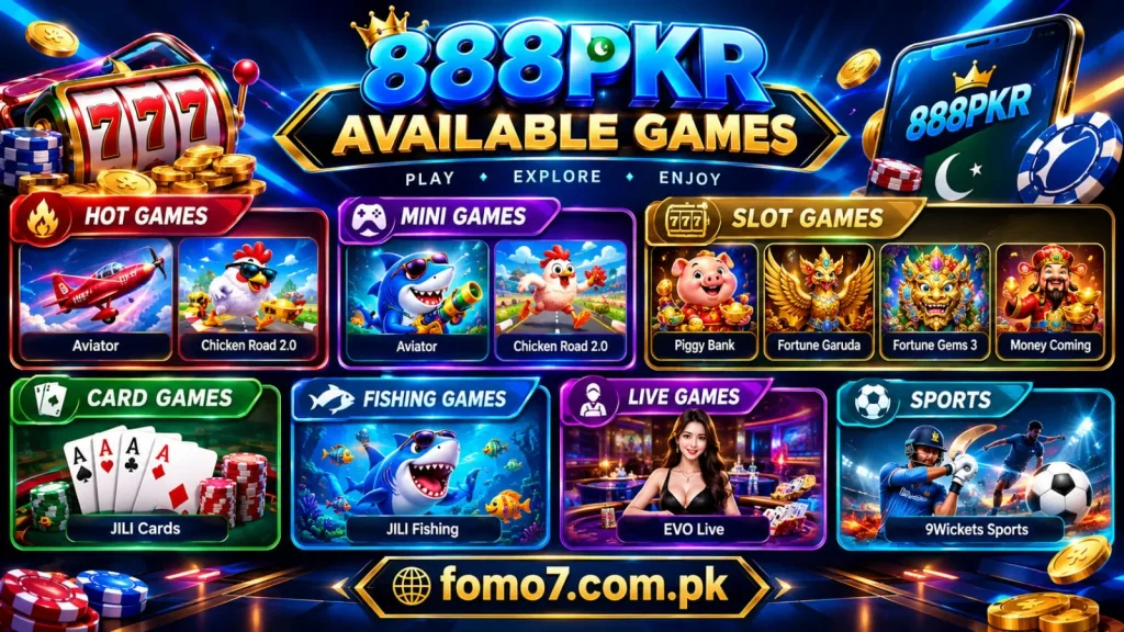 888PKR Game screen showing available gaming categories and entertainment options.