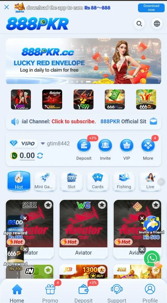 888PKR Game mobile interface displaying the home screen and gaming sections.