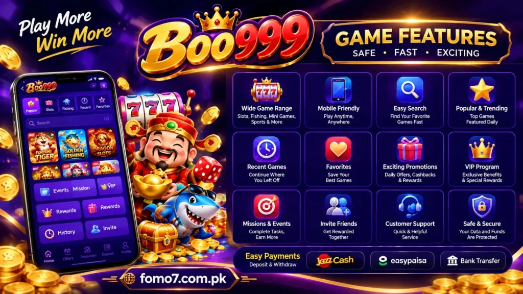 BOO999 Game features highlighting account access, game options, rewards, and app navigation.