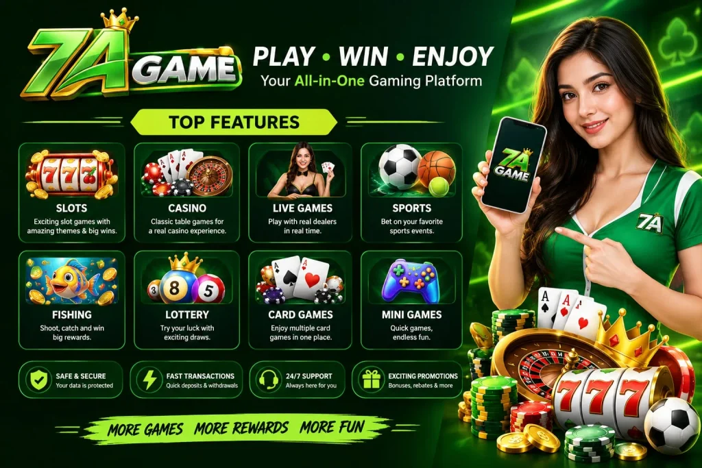 7A Game features, including account access, gaming categories, and promotional options.