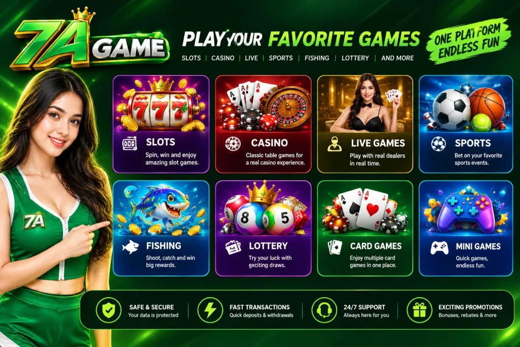 7A Game collection displaying slots, live casino, and other digital game categories.