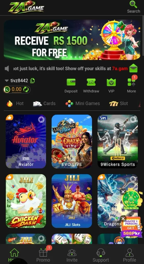 7A Game mobile screen showing the main dashboard and navigation menu.
