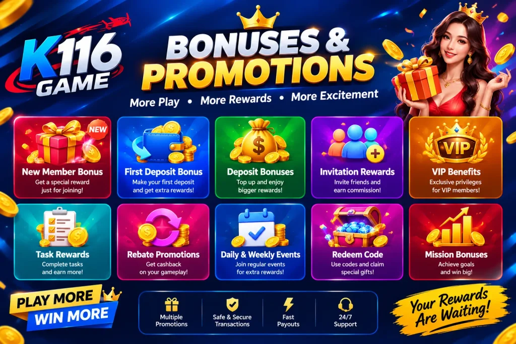 this image shows Bonuses and Promotions in K116 Game