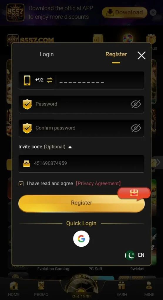 Registeration page of 8557 game
